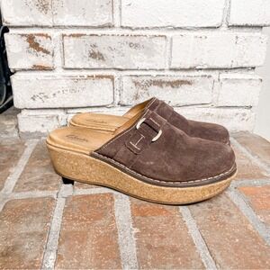 Clarks Elements Brown Leather Cork Platform Mules Clogs Buckle Detail 10M